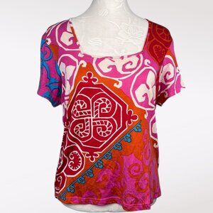 Lynn Ritchie Pink Red Silk Cotton Blend Bold Colorful Print Top Medium